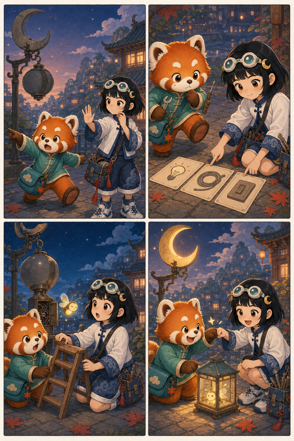 团团和米露合作修好月亮路灯的四格漫画